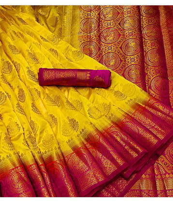 fab woven Mustard Jacquard Saree - Single