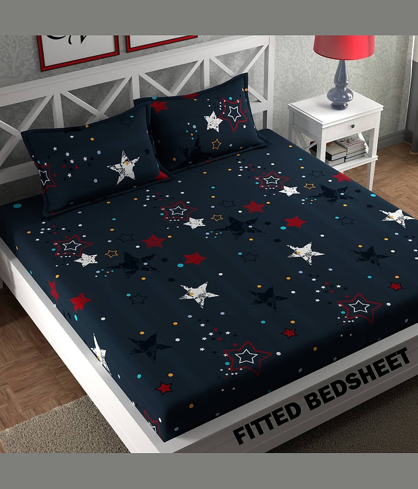 CG HOMES Microfibre Abstract Fitted Fitted bedsheet with 2 Pillow Covers ( Double Bed ) - Navy Blue