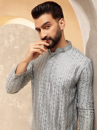 Men's Cotton Rayon Shiny Thread Sequinned Blue Only Long Kurta-36