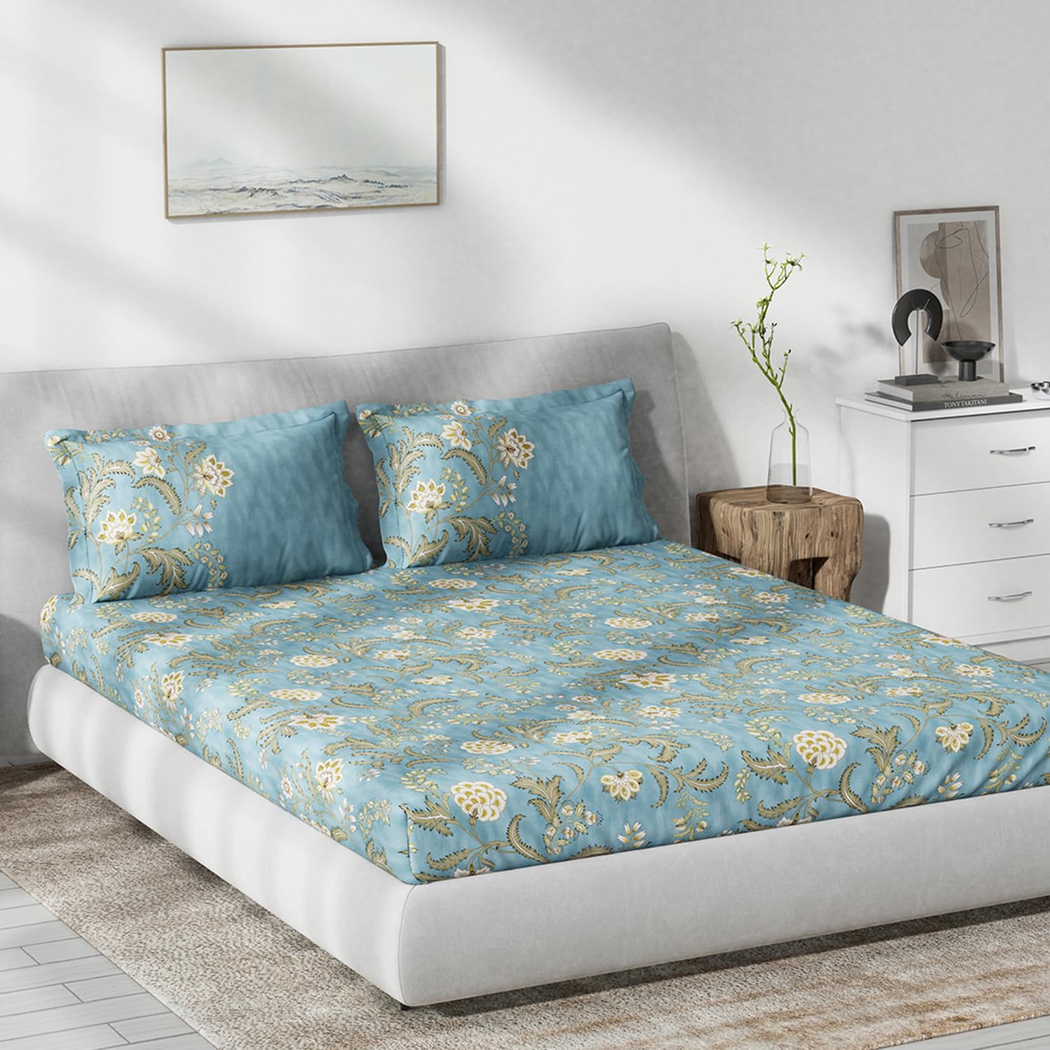 DDECOR - Primary Collection 100% Cotton Ethnic Pattern 136TC King Fitted Sheet|180 CM X 198 CM| - Blue