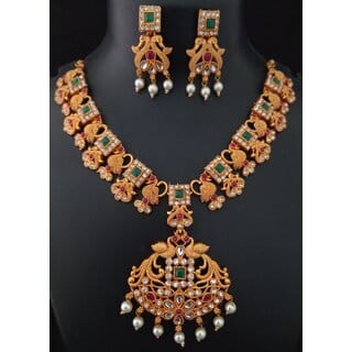 Matt Finish Laxmi Royal Peacock Design Pink Green CZ Beautiful Jewellery Set