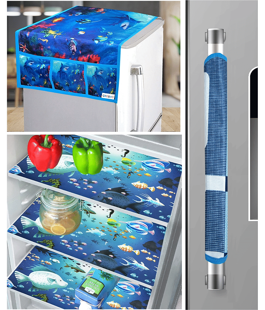 Crosmo Polyester Graphic Fridge Mat & Cover ( 64 18 ) Pack of 5 - Blue