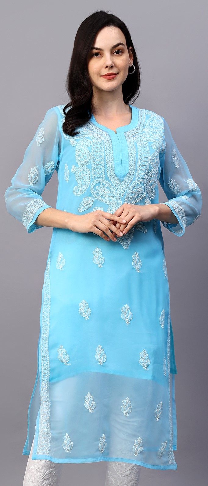 MRS RIGHT CHIKANKARI SKY BLUE GEORGETTE KURTI