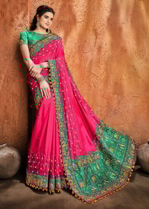 Rouge Pink Designer Embroidered Silk Saree