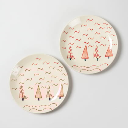 Set of 2 Ceramic Christmas Dinner Plate 10 Inch-10 Inches / Ceramic / White / Red