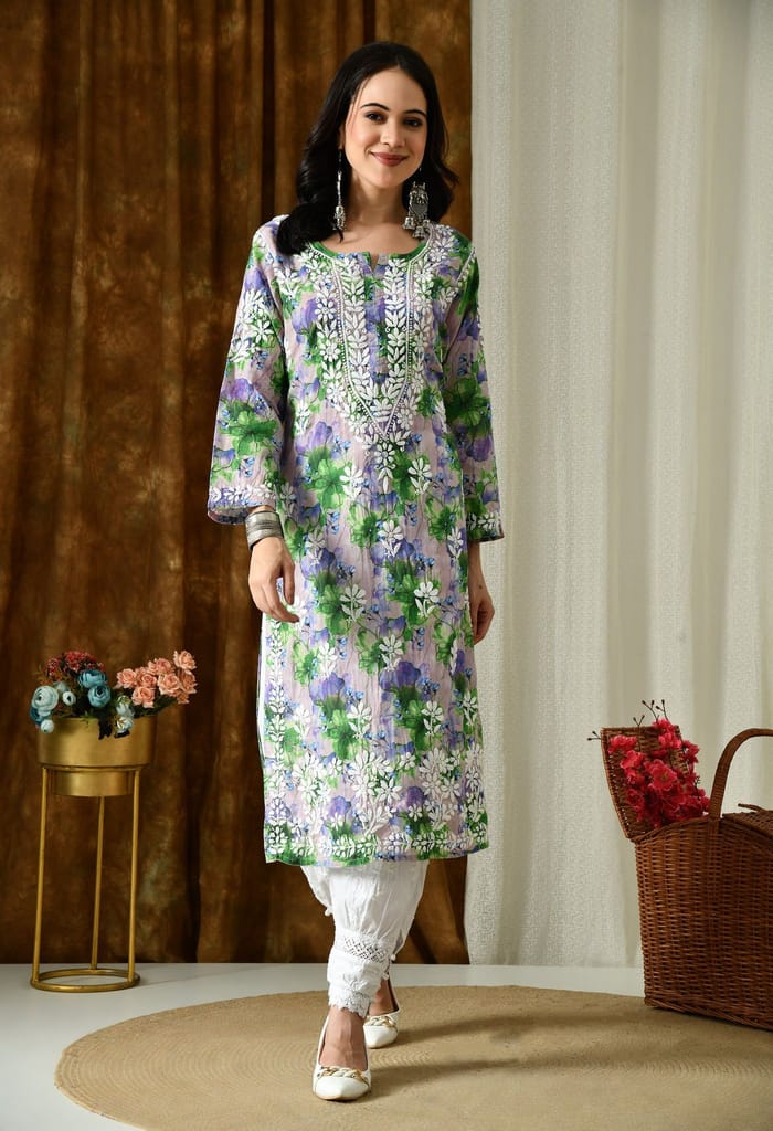 Multi color Mulmul Pure Cotton Lucknow Chikankari Kurta -Green