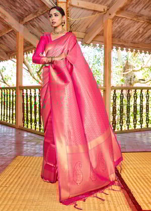 Royal Princess Golden Lily Pink Woven Kanjivaram Saree