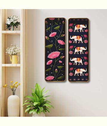 SAF Lotus & Elephant Set of 2 Vertical MDF Wall Panels | Premium Sparkle Lamination Finish | Artistic Floral & Animal Print Wall Décor for Living Room & Bedroom