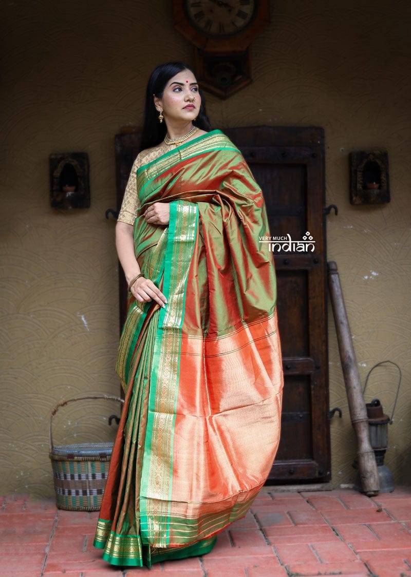 Utsaav ~ Traditional Handloom Pure Silk Jijamata Paithani in Dual Tone Green and Red