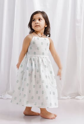 Green Block Printed Cotton Flared Dress-2-3Y