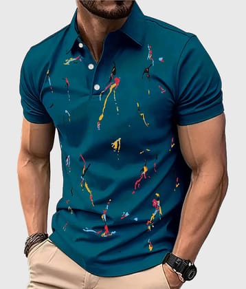 ENITOR Men Cotton Blend Regular Fit Printed Polo T Shirt ( Teal Blue )