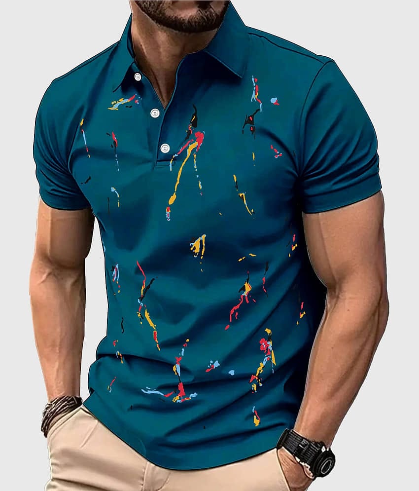 ENITOR Men Cotton Blend Regular Fit Printed Polo T Shirt ( Teal Blue )