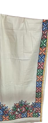 Handcrafted Bhagapuri Silk Dupatta with Vibrant Madhubani Painting - 78x40 Inches, Cream Color, Perfect for Weddings and Celebrations