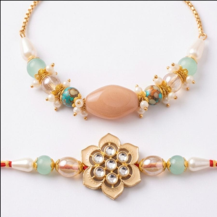 Floral Motif and Beaded Bracelet Rakhi (Set of 2)