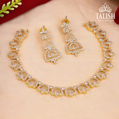 Gold-Plated Floral Design Necklace Set with American Diamond Stones