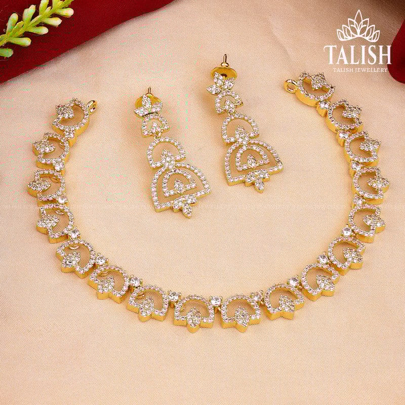 Gold-Plated Floral Design Necklace Set with American Diamond Stones