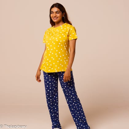 Yellow with heart prints and blue mix & match night dress-L