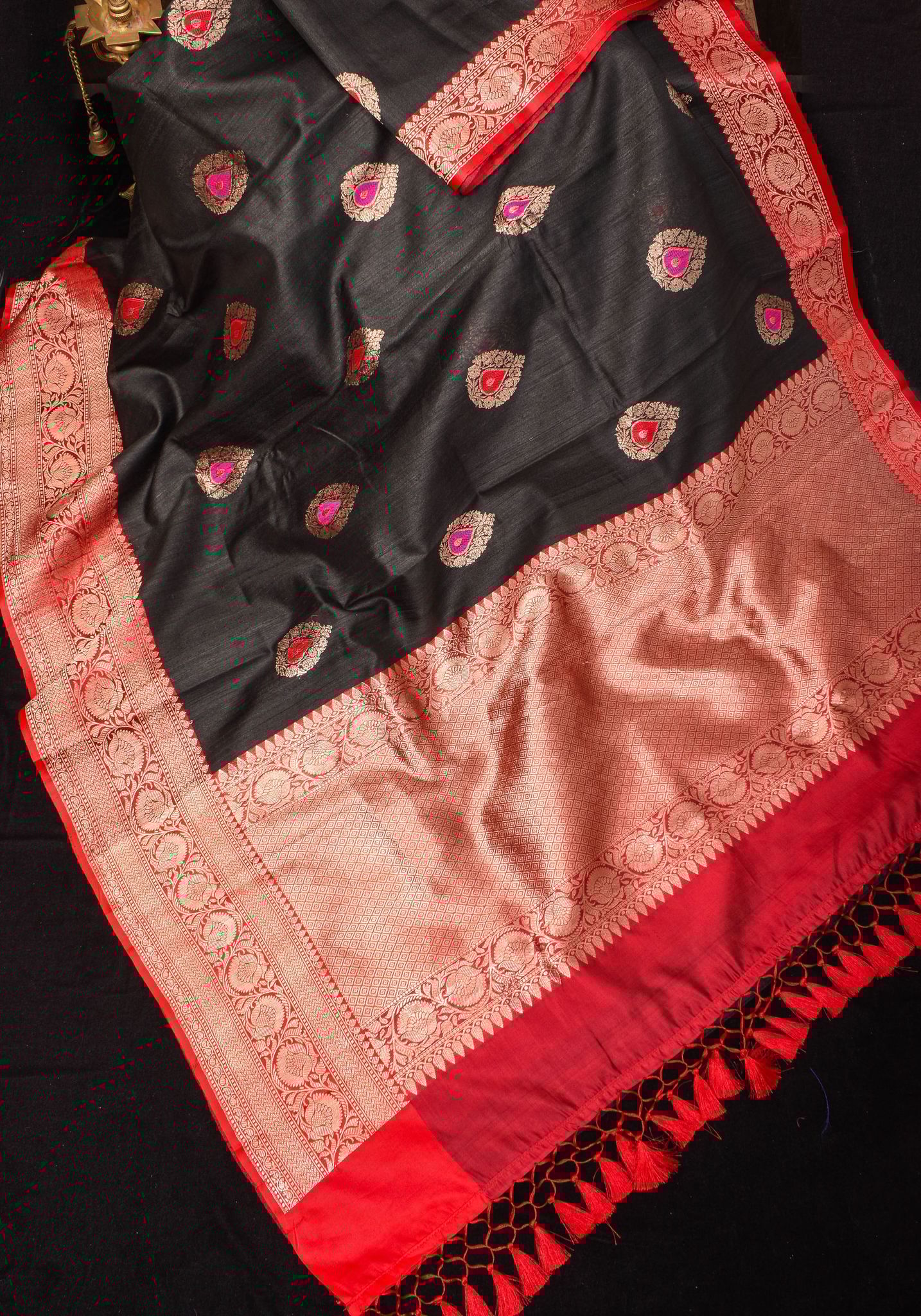 Black Banarasi Tussar Silk Saree with Gold Tone Zari and Contrast Red Zari borders | SILK MARK CERTIFIED