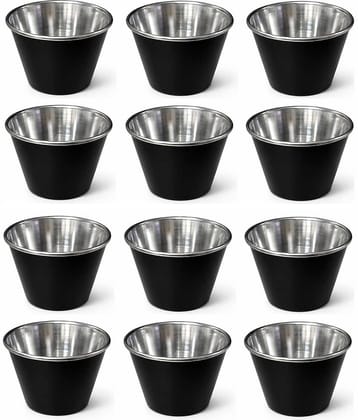 Dynore Sauce Cup 60 ml Stainless Steel Plain Chip&Dip Bowl 6 cm ( Set of 12 ) Black