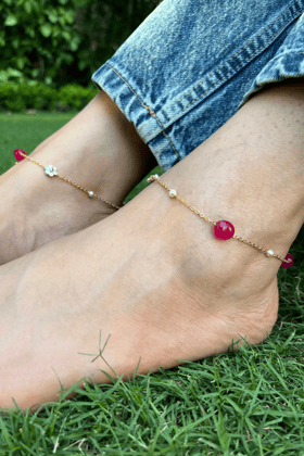 FLORAL RED ONYX ANKLET (SINGLE)-PAIR