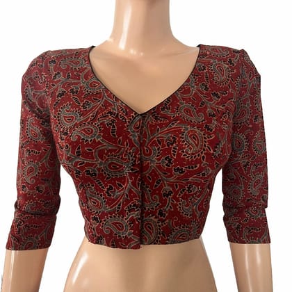 Ajrakh Cotton  V neck Blouse,  Maroon ,  BA1123-S