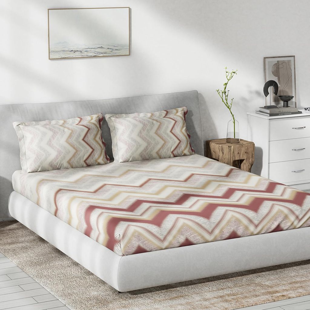 DDECOR - Primary Collection 100% Cotton Geometric Pattern 136TC King Fitted Sheet|180 CM X 198 CM| - Red