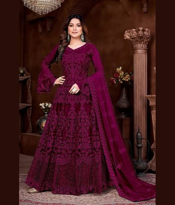 A TO Z CART Wine Flared Net Women's Semi Stitched Ethnic Gown ( Pack of 1 )