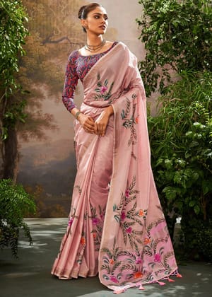 Mauve Purple Soft Linen Tissue Hand Brush Printed Saree