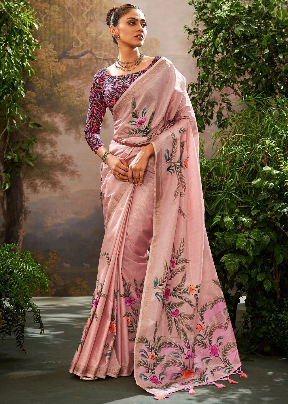 Mauve Purple Soft Linen Tissue Hand Brush Printed Saree