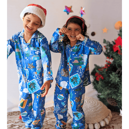 Cotton Night Suit for Kids | Jingle Bells - Blue-0-6m