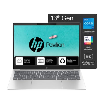 HP Pavilion Plus, 13th Gen Intel Core i5-1335U Laptop (16GB DDR5, 512GB SSD) IPS WUXGA Anti-Glare, 14"/35.6cm, Win 11, MS Office, Silver, 1.44kg, Intel Iris Xe Graphics, 5MP IR Camera, ew0116TU/0107tu HP Pavilion Plus, 13th Gen Intel Core i5-1335U Laptop