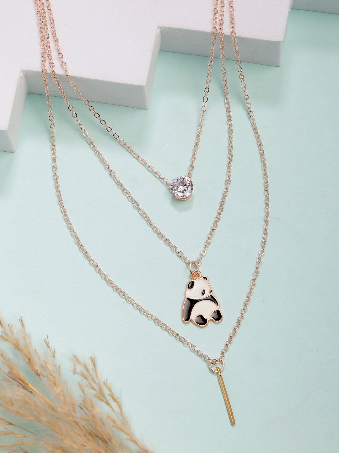 NVR Women's Rose Gold-Plated Artificial Stones Panda Layered Chain-Onesize / Rose Gold / Alloy
