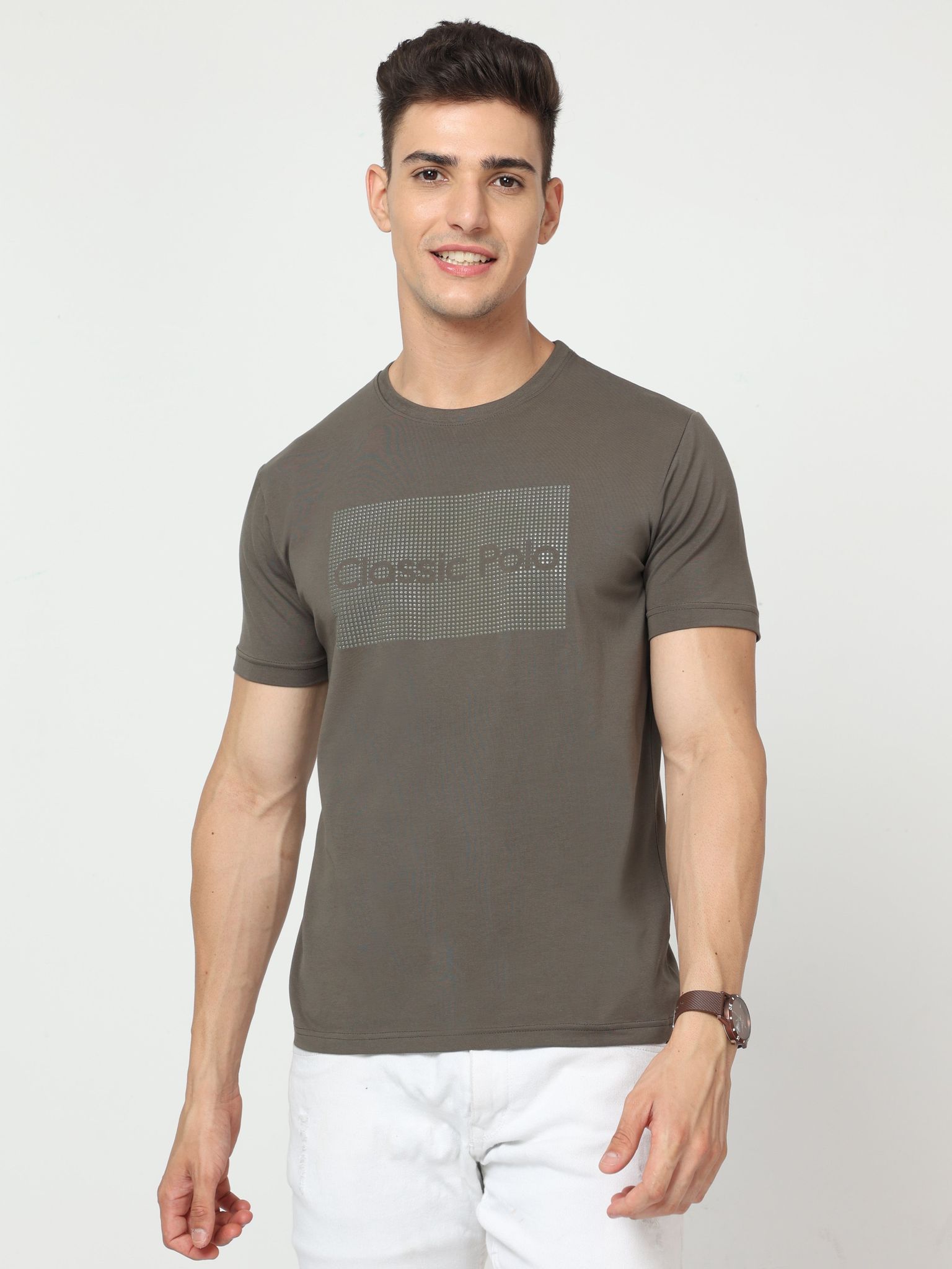 Classic Polo Mens Pure Cotton Half Sleeve Printed Slim Fit Crew Neck Grey Color T Shirt | Baleno - 520 A