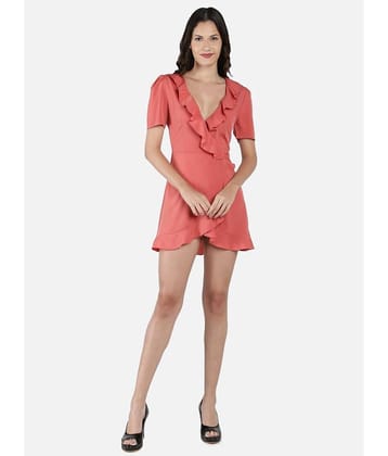 NUEVOSDAMAS Women Polyester Solid Wrap Dress ( Coral )