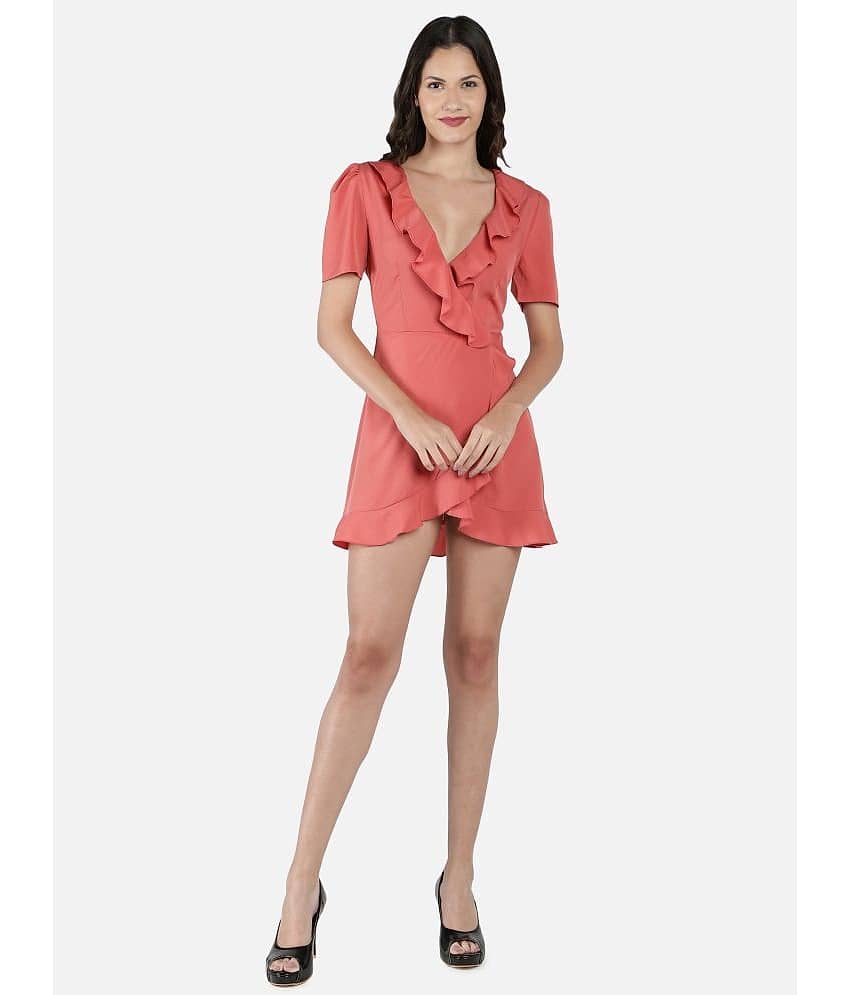 NUEVOSDAMAS Women Polyester Solid Wrap Dress ( Coral )