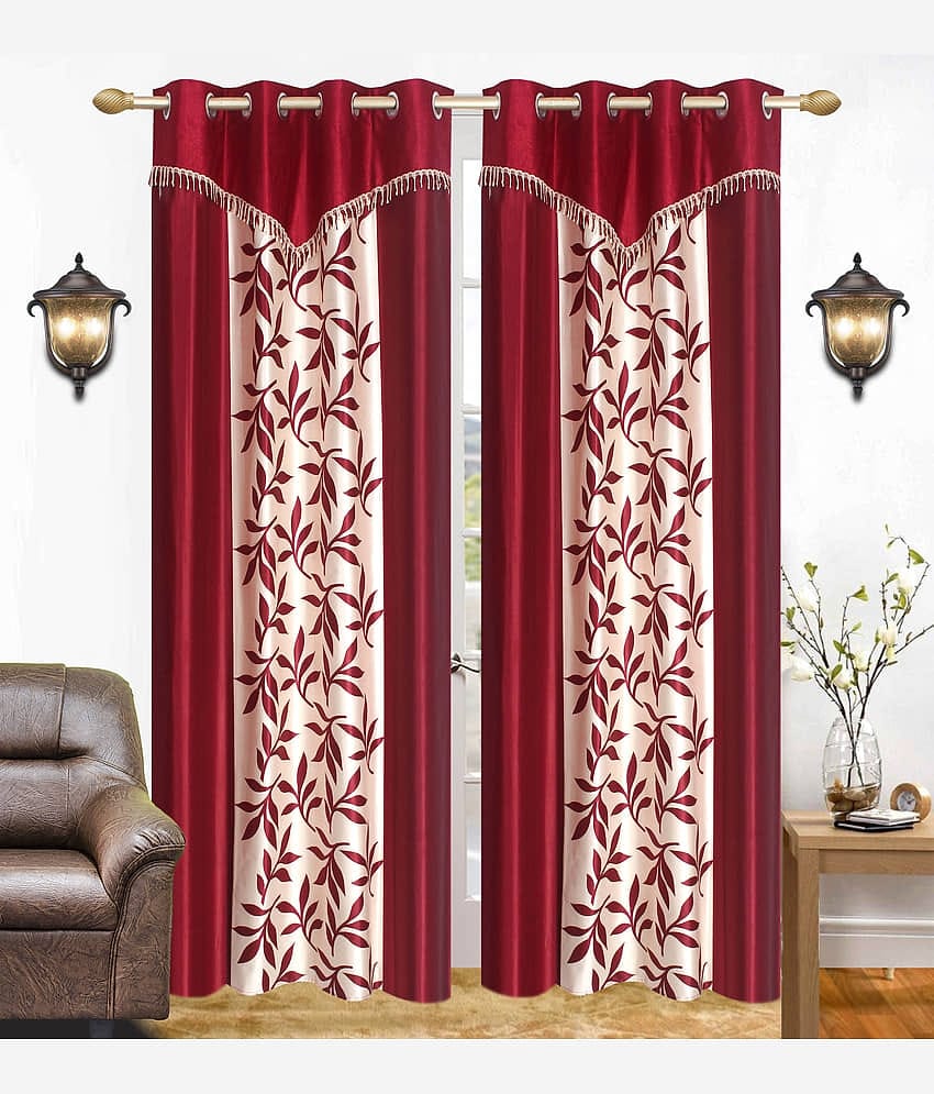 Stella Creations Floral Semi-Transparent Eyelet Curtain 7 ft ( Pack of 2 ) - Purple