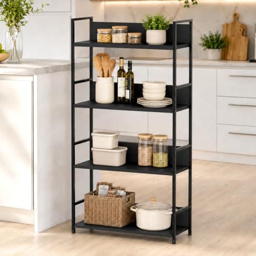 Lukzer 4-Tier Multipurpose Kitchen Organizer Rack Metal Frame with Engineered Wood Storage Rack, Bookshelf