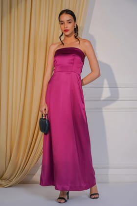 Offbeat Charm, Off shoulder Satin Dress, Wine-XS