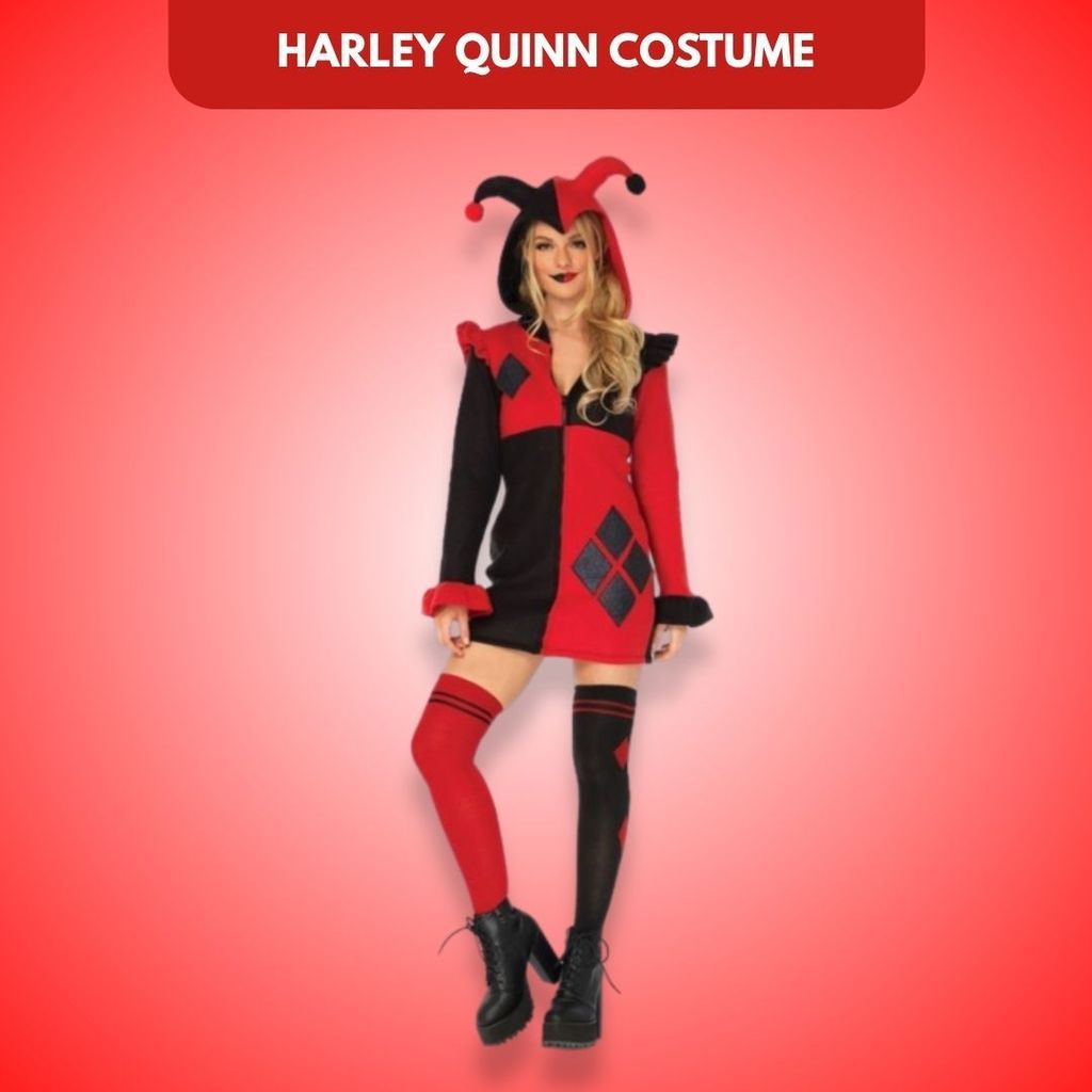 Super Villain Harley Quinn Comic Red & Black Women Costume with Hood - Party and Festive Needs | Buy online on ZillyBuy