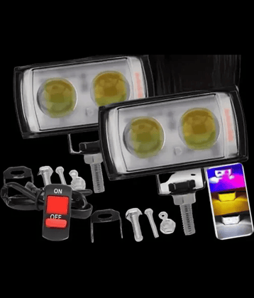 Aksmit Ultra Mini Double Lens Fog Lights – 45W 12V LED – Yellow & White Flashing Light with Red & Blue DRL – Pack of 2  With Switch for Universal for Bike