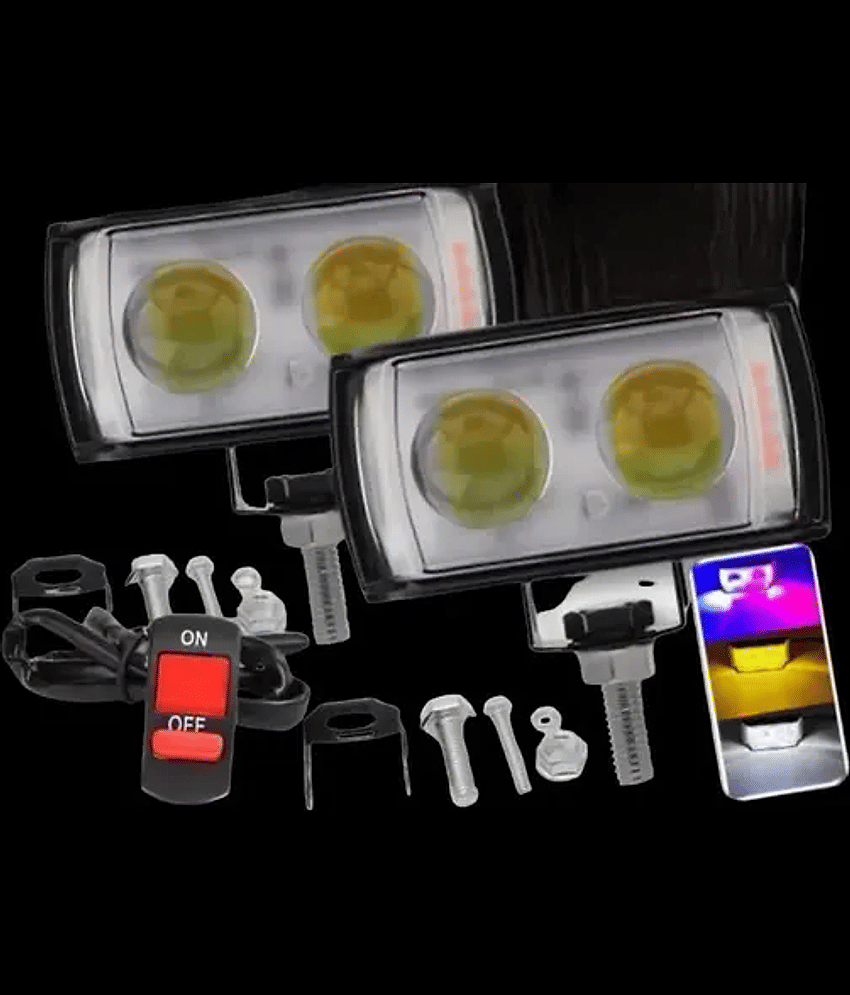 Aksmit Ultra Mini Double Lens Fog Lights – 45W 12V LED – Yellow & White Flashing Light with Red & Blue DRL – Pack of 2  With Switch for Universal for Bike
