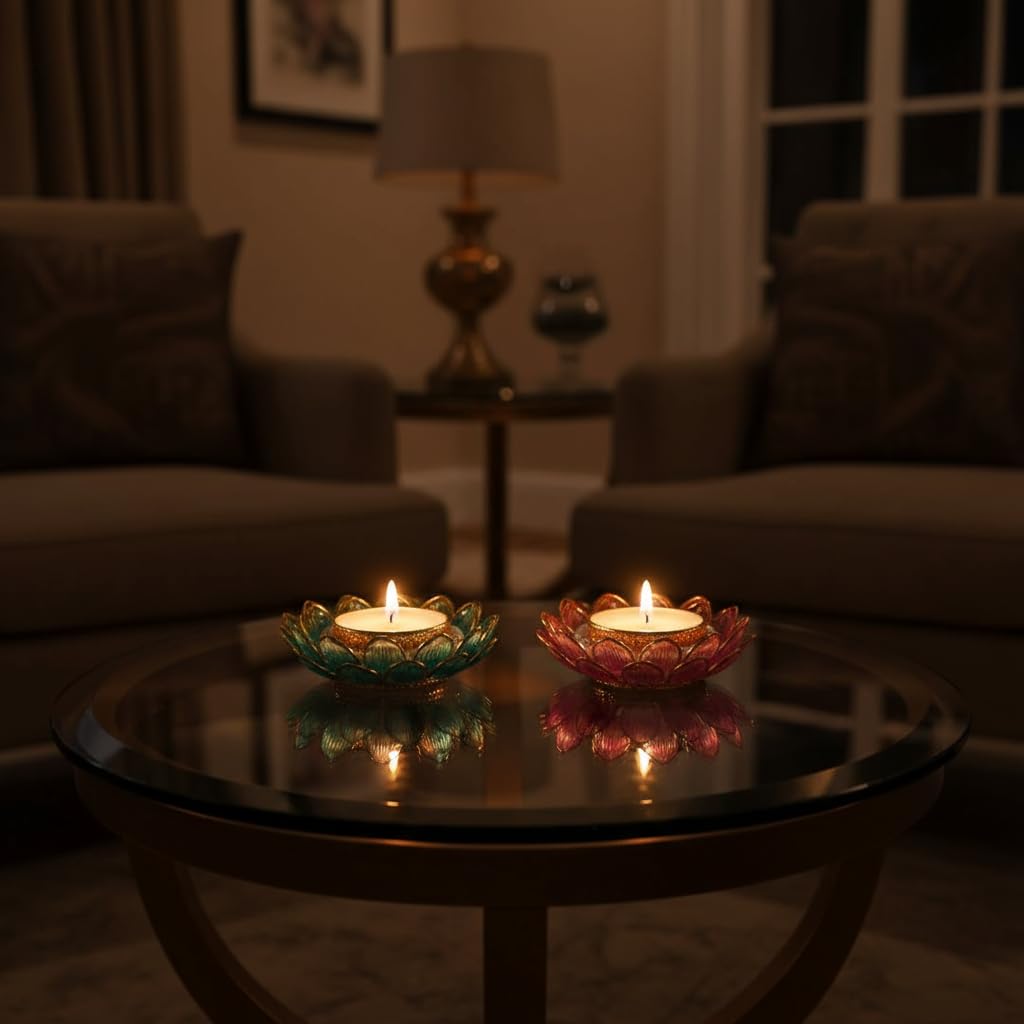 Avnyara Lotus Inspired Tealight Candles Set of 2 for Diwali Decoration | Long Burning | Smokeless | Candles for Home Decor, Offices, Dining & Special Occasions | Maa Laxmi's Lotus Flower Design
