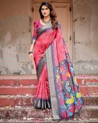 Crimson Red Tussar Silk Saree with Bandhani Patterns, Zari Border, and Vibrant Artistic Pallu-Regular