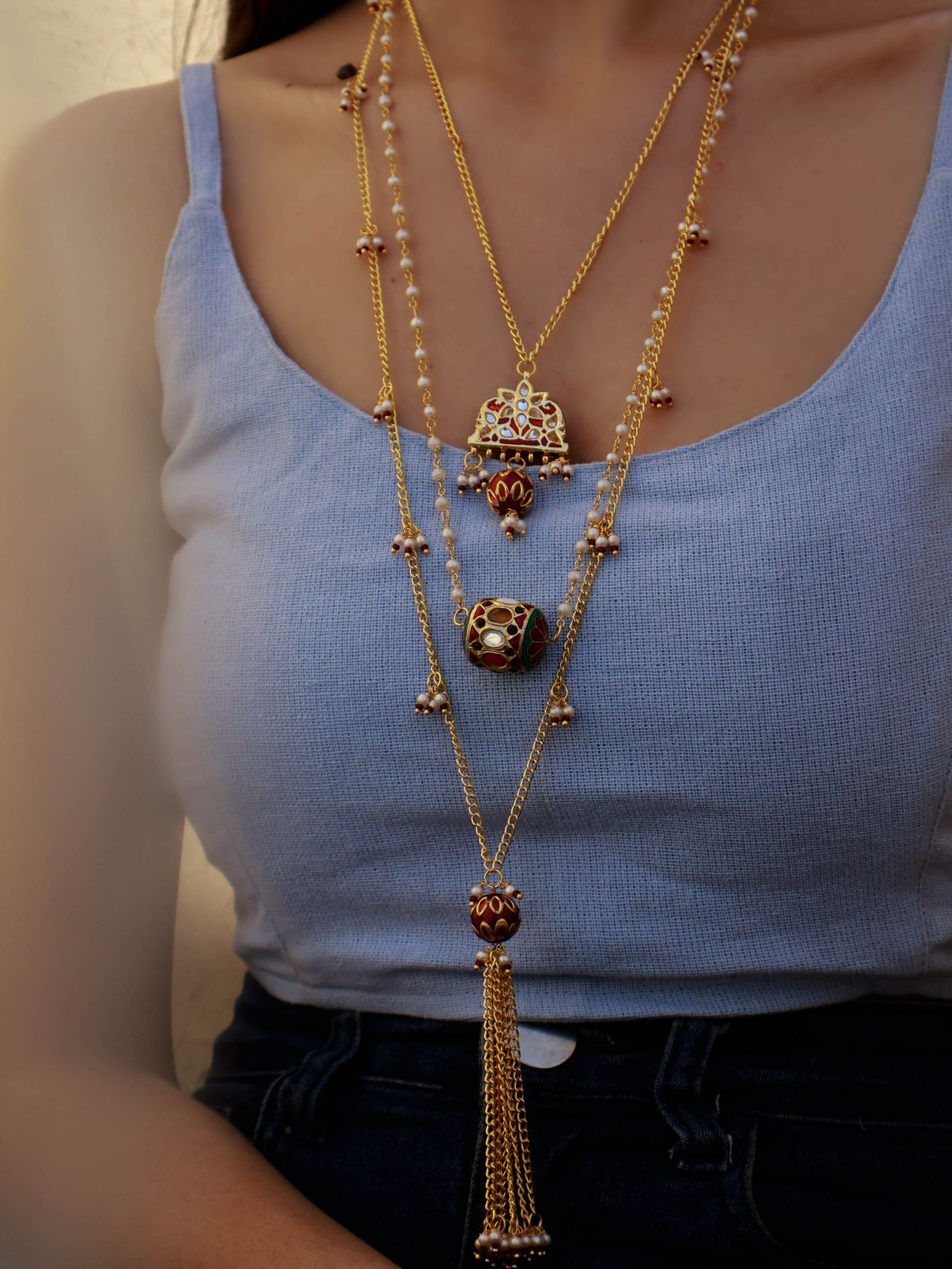 Reyhna Multilayered Long Necklace-Red