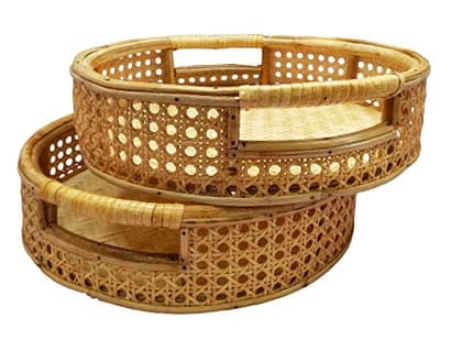 Dastkar Crafts (2 Pieces) Cane Wood Round Basket/Hand Woven Serving Baskets
