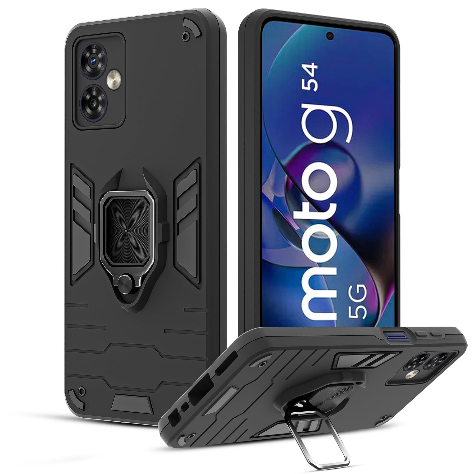 A rtistque Rugged Armor Bumper Back Case Cover for Motorola Moto G54 5G / G64 5G | Ring Holder & Stand in-Built | Shockproof TPU Protective Design | 360 Degree Protection - Black Armor Series-Black
