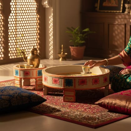 Beautiful Carved Solid Wood Chakki Table Set of 2