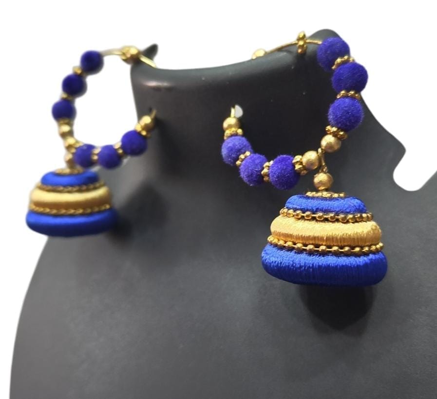 Blue Silk Thread Jhumka Earrings with Golden Beads