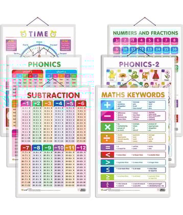 Set of 6 TIME, SUBTRACTION, NUMBERS AND FRACTIONS, MATHS KEYWORDS, PHONICS - 1 and PHONICS - 2 Early Learning Educational Charts for Kids