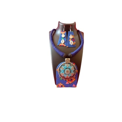 Handmade Bohemian Fabric Jewelry Set - Blue Floral Pendant Necklace & Matching Earrings with Turquoise and Silver Tones, Thick Braided Cord for Comfort and Durability, Ideal Gift for Fashion Enthusiasts Handmade Bohemian Fabric Jewelry Set - Blue Floral Pendant Necklace & Matching Earrings with Turquoise and Silver Tones, Thick Braided Cord for Comfort and Durability, Ideal Gift for Fashion Enthusiasts